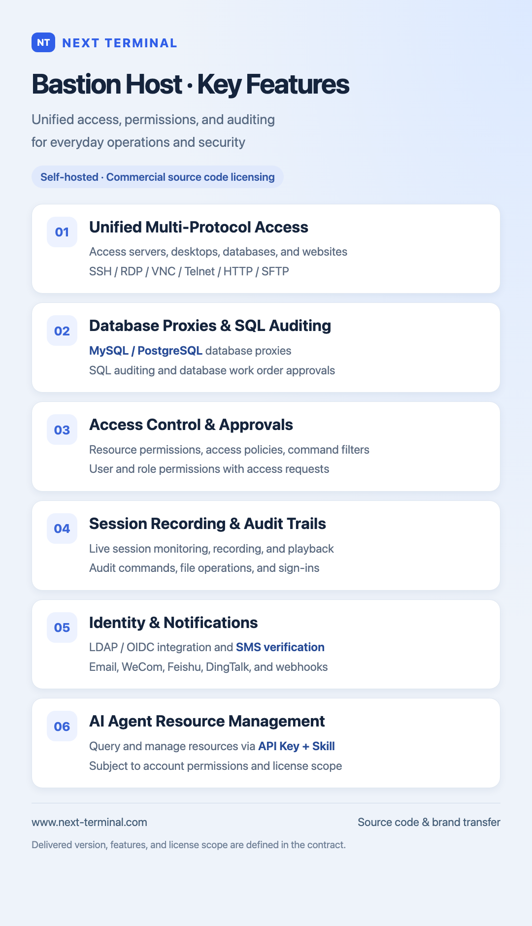 Next Terminal key features: multi-protocol access, database proxies, access approvals, session auditing, identity and notifications, and AI Agent management